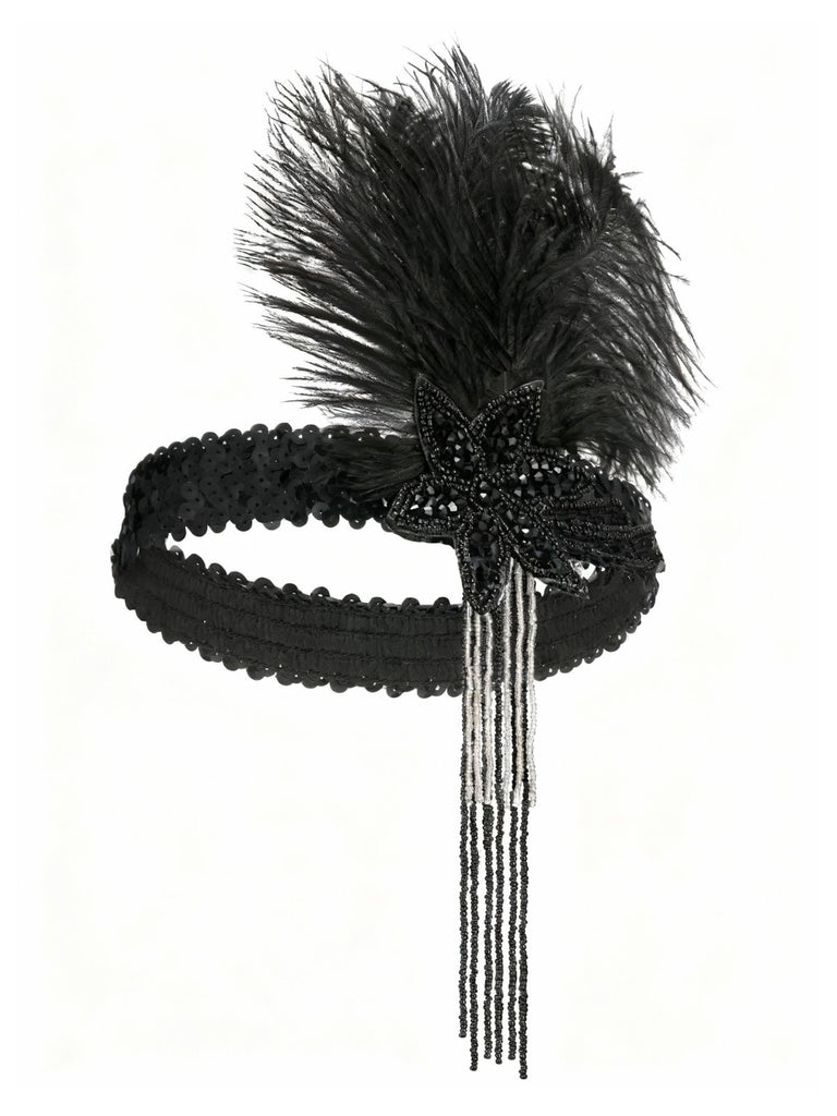 1920s Gatsby Feather Sequin Beaded Headpiece - vintage fashion, retro style