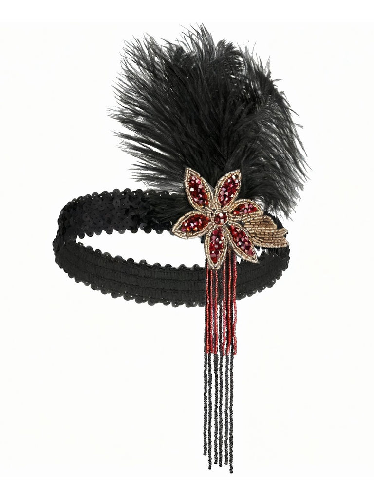 1920s Gatsby Feather Sequin Beaded Headpiece - vintage fashion, retro style