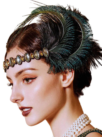1920s Gatsby Peacock Feather Rhinestone Headband - vintage fashion, retro style