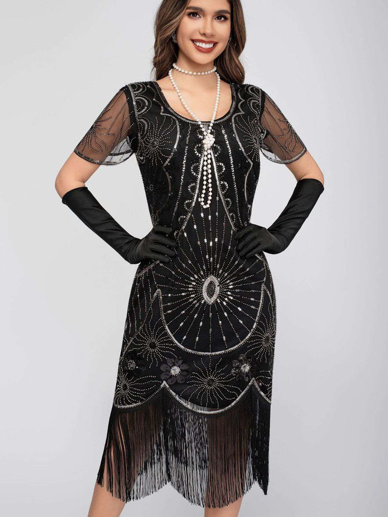 1920s Scoop Neck Sequin Fringe Flapper Dress - vintage dress, retro fashion, Gatsby party