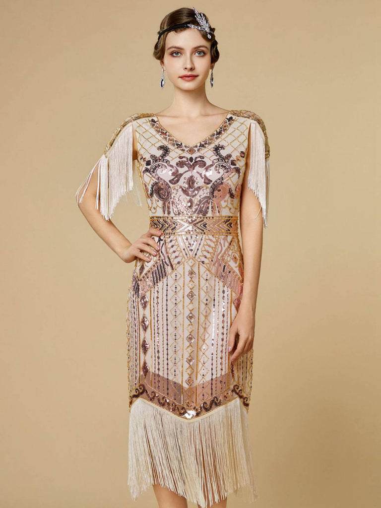 Fringe Flapper 1920s Sequin Fringe Flapper V-Neck Dress | Retro Stage