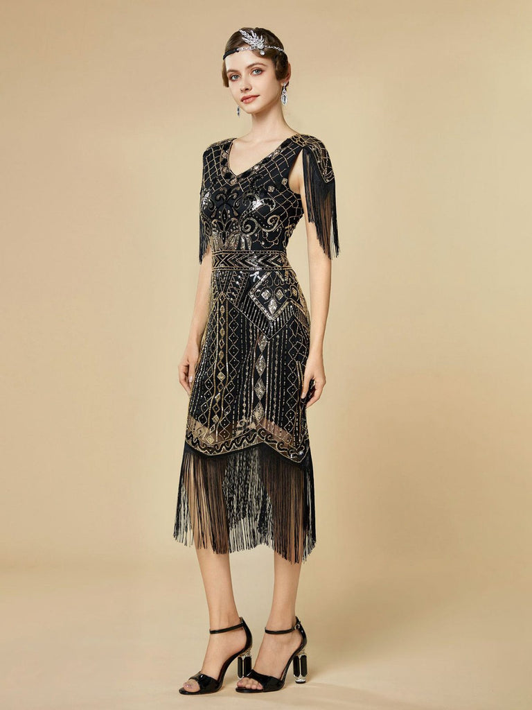 Fringe Flapper 1920s Sequin Fringe Flapper V-Neck Dress | Retro Stage