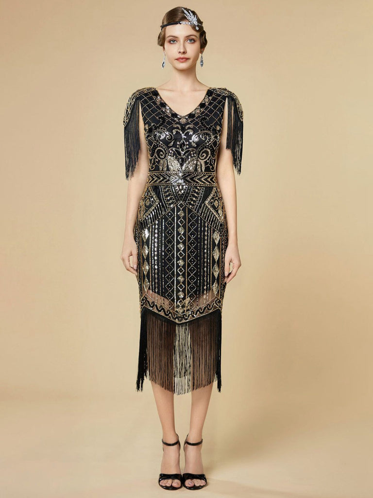 1920s Sequin Fringe Flapper V-Neck Dress - vintage dress, retro fashion, Gatsby party