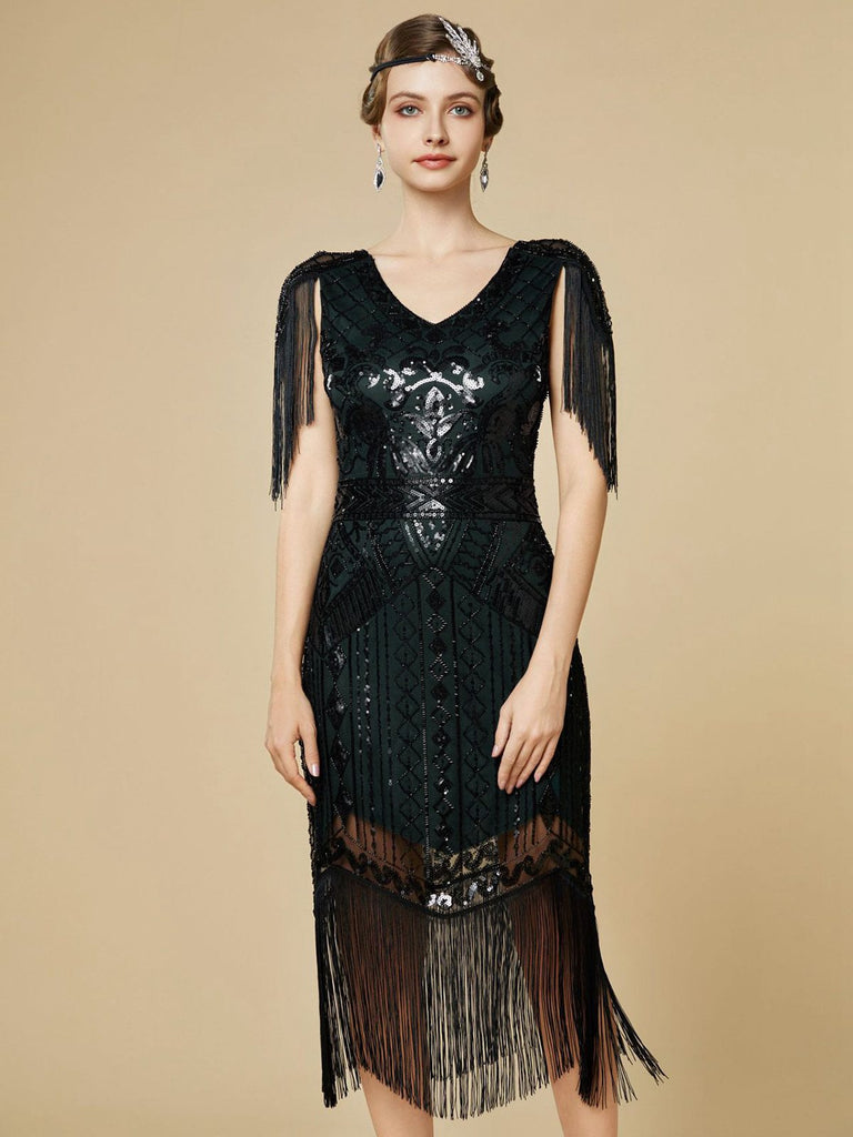 Fringe Flapper 1920s Sequin Fringe Flapper V-Neck Dress | Retro Stage