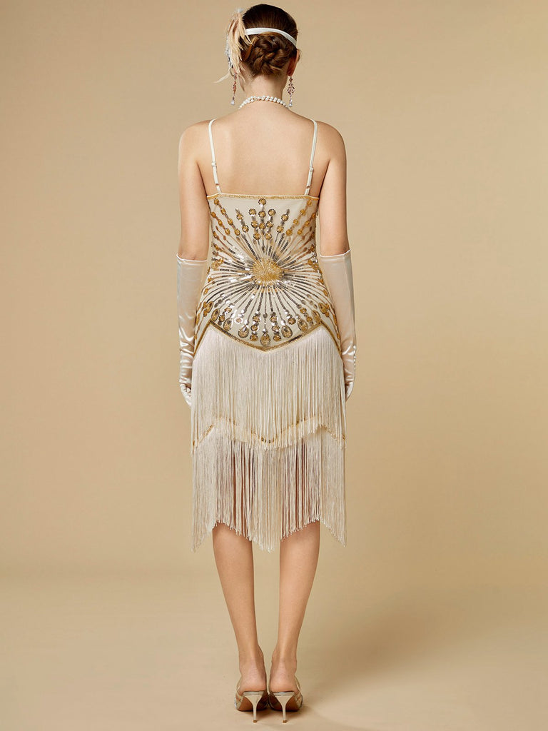 1920s Vintage Great Gatsby Flapper Dress | Gold Sequin Beaded Sunburst Fringe Roaring Twenties Gown 1920s Vintage Great Gatsby Flapper Dress | Gold Sequin Beaded Sunburst Fringe Roaring Twenties Gown