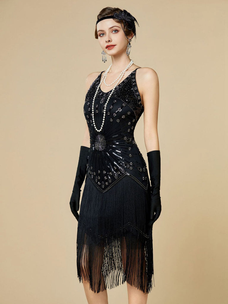 1920s Vintage Great Gatsby Flapper Dress | Gold Sequin Beaded Sunburst Fringe Roaring Twenties Gown 1920s Vintage Great Gatsby Flapper Dress | Gold Sequin Beaded Sunburst Fringe Roaring Twenties Gown