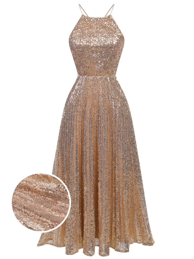 Retro Stage Sequined Backless Halter Prom Dress