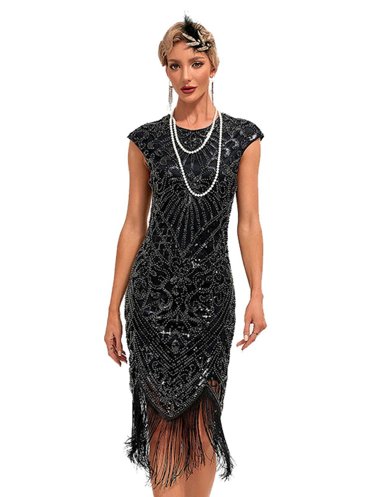 1920s Sequined Fringe Round Neck Cap Sleeve Dress - vintage dress, retro fashion, Gatsby party
