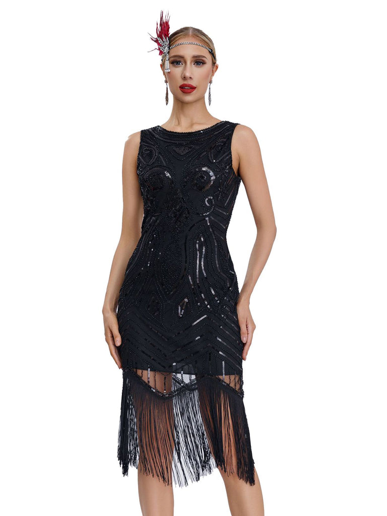 She slips into this 1920s Sequined Sleeveless Fringed Hem Dress and suddenly it's a 1920s daydream