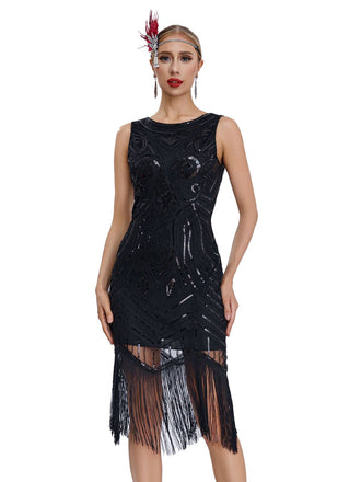 She slips into this 1920s Sequined Sleeveless Fringed Hem Dress and suddenly it's a 1920s daydream