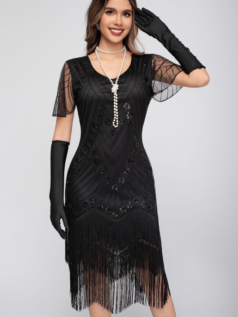 1920s Sequins Tassel Beading Cap Sleeve Dress - vintage dress, retro fashion, Gatsby party