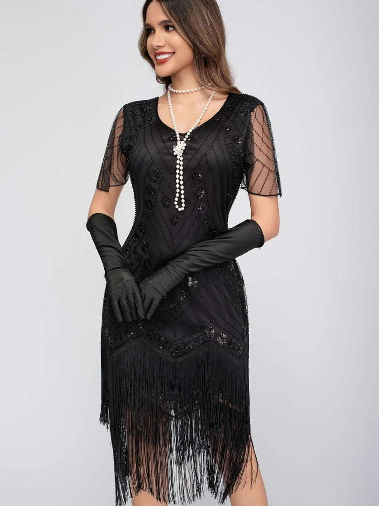 1920s Sequins Tassel Beading Cap Sleeve Dress - vintage dress, retro fashion, Gatsby party