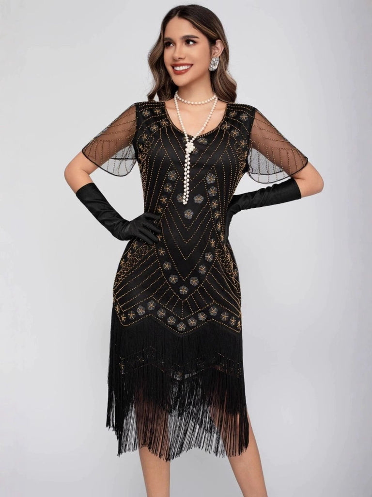 1920s Sequins Tassel Beading Cap Sleeve Dress - vintage dress, retro fashion, Gatsby party