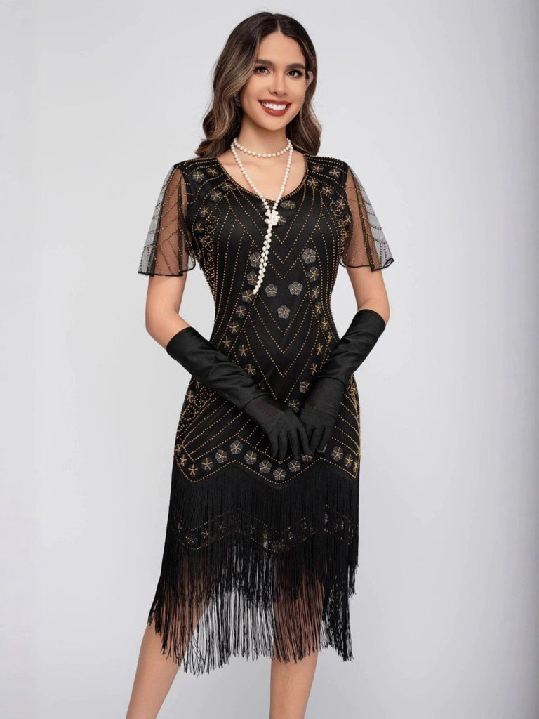 1920s Sequins Tassel Beading Cap Sleeve Dress - vintage dress, retro fashion, Gatsby party