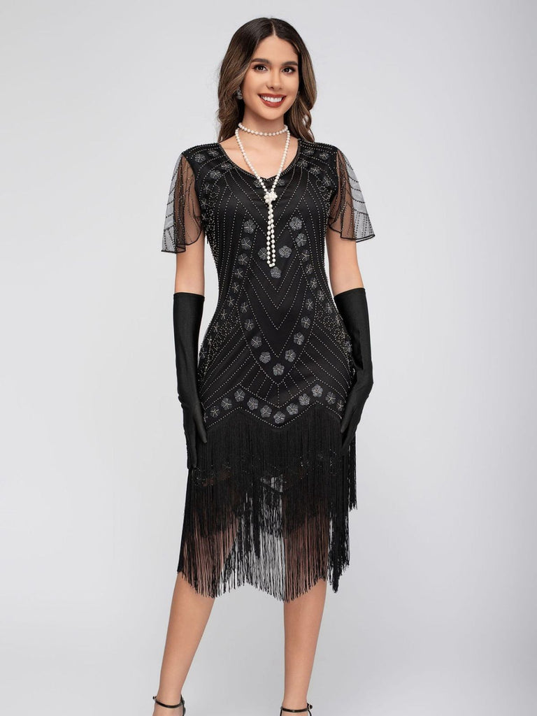 1920s Sequins Tassel Beading Cap Sleeve Dress - vintage dress, retro fashion, Gatsby party
