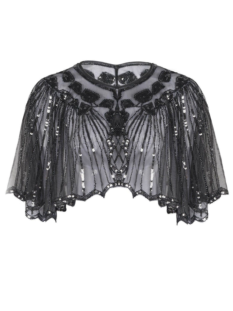 Black 1920s Shawl Beaded Sequin Flapper Cape, vintage fashion, retro style, classic design, women, elegant