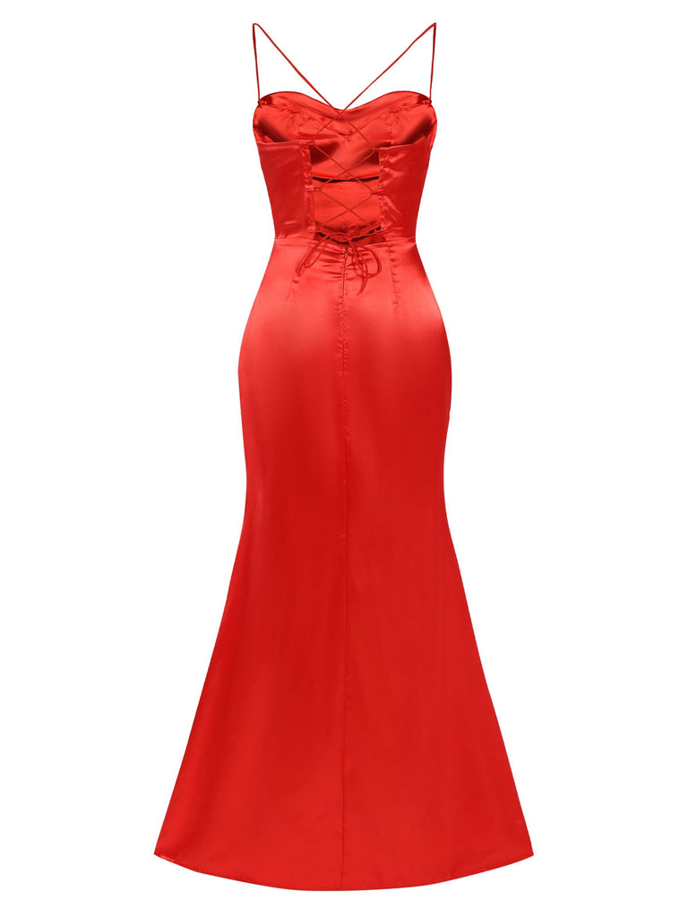 Retro Stage Red Satin Cowl Neck Corset Holiday Party Dress | Spaghetti Straps Thigh Slit Retro Stage Red Satin Cowl Neck Corset Holiday Party Dress | Spaghetti Straps Thigh Slit