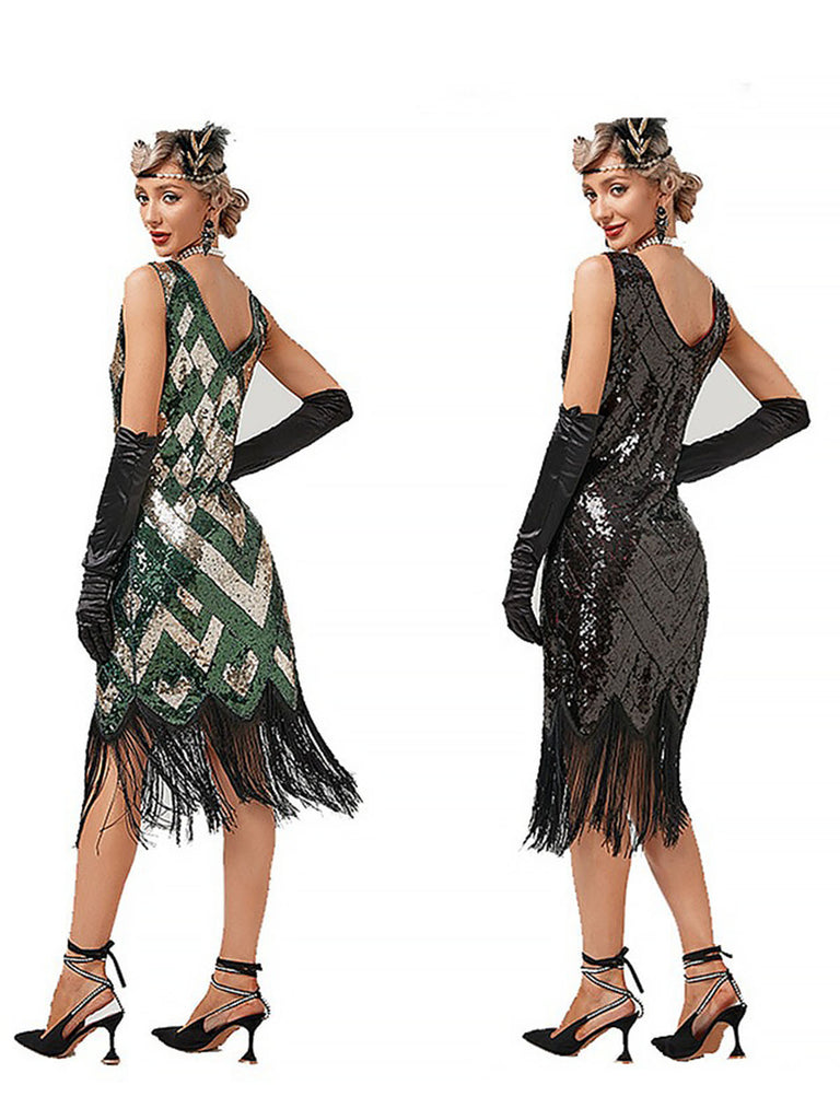 1920s V-Neck Sequined Fringe Evening Dress — a 1920s silhouette that turns sidewalks into runways