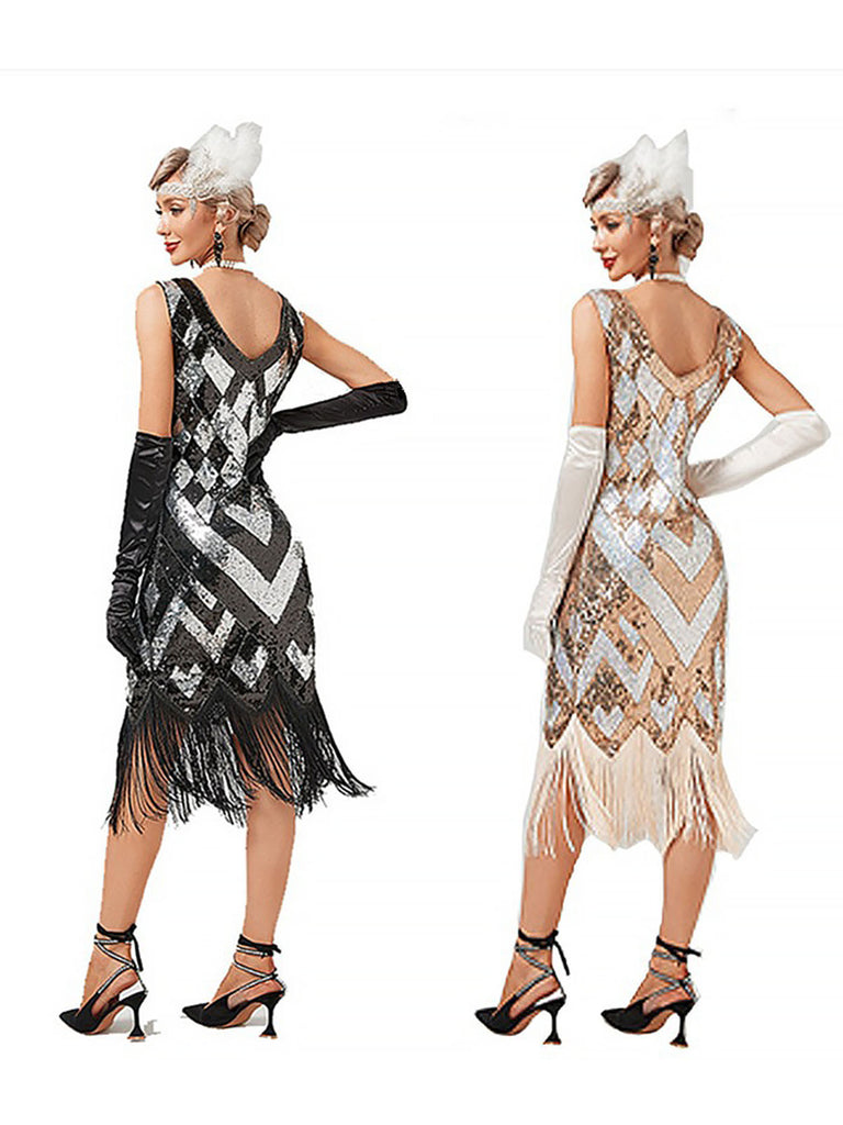 She slips into this 1920s V-Neck Sequined Fringe Evening Dress and suddenly it's a 1920s daydream