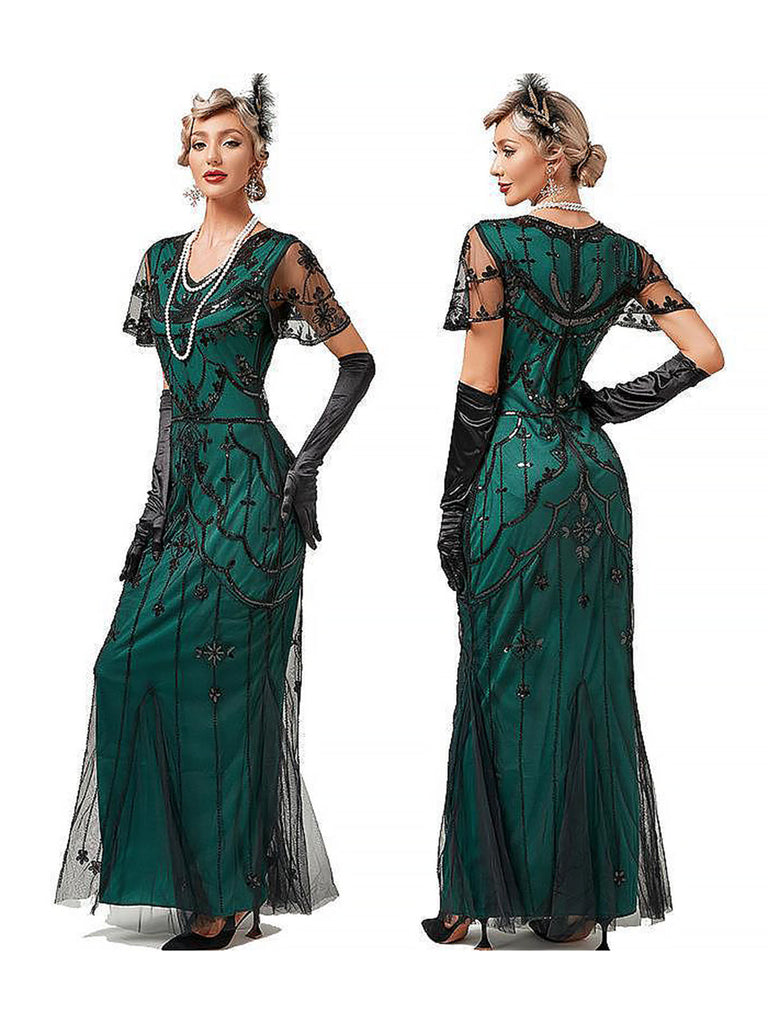 1920s V-Neck Sequined Mesh Mermaid Formal Dress: where 1920s romance meets her modern spirit