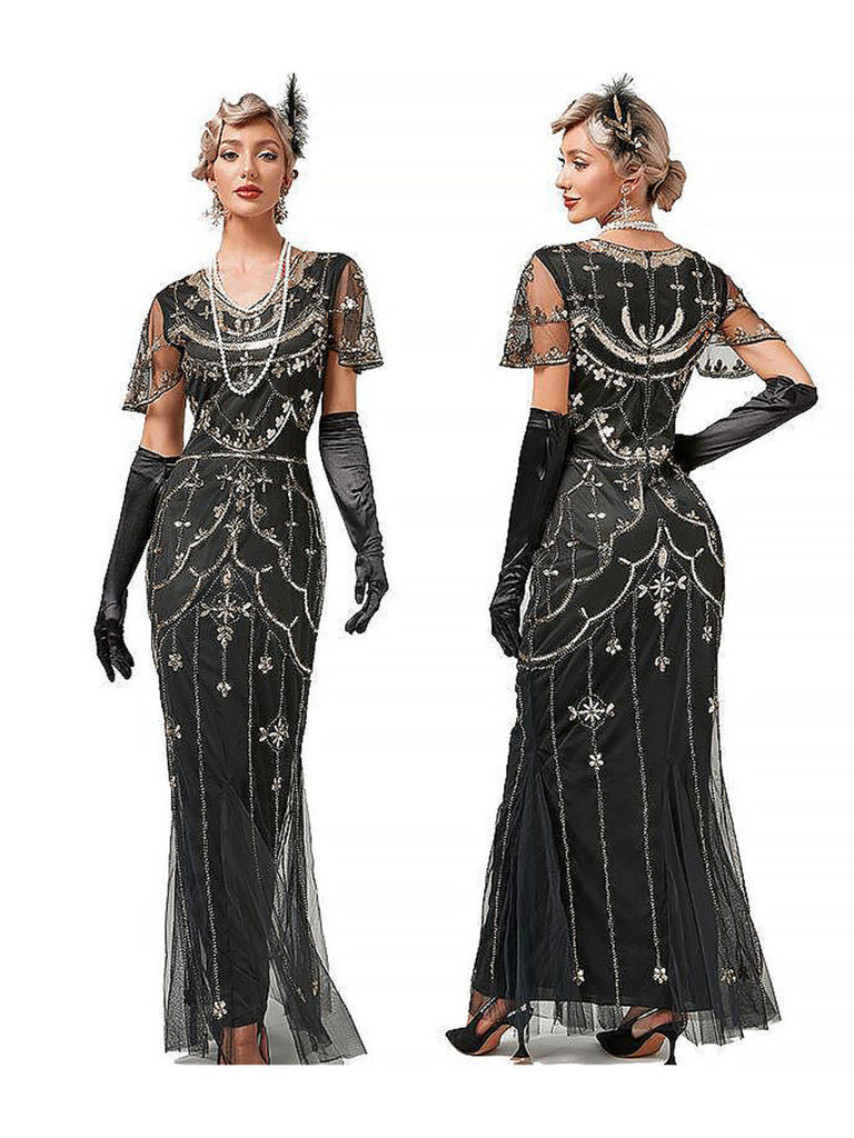This 1920s V-Neck Sequined Mesh Mermaid Formal Dress wraps her in 1920s elegance, one twirl at a time