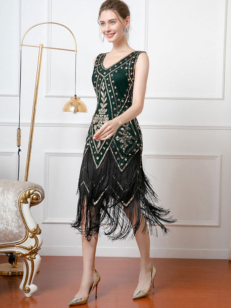 Roaring 20s 1920s Knee Length Flapper Dress Sleeveless The Great Gatsby Sequins Fringe V Neck Fancy Dress Women's Christmas Carnival Masquerade Retro Roaring 20s 1920s Knee Length Flapper Dress Sleeveless The Great Gatsby Sequins Fringe V Neck Fancy Dress Women's Christmas Carnival Masquerade Retro