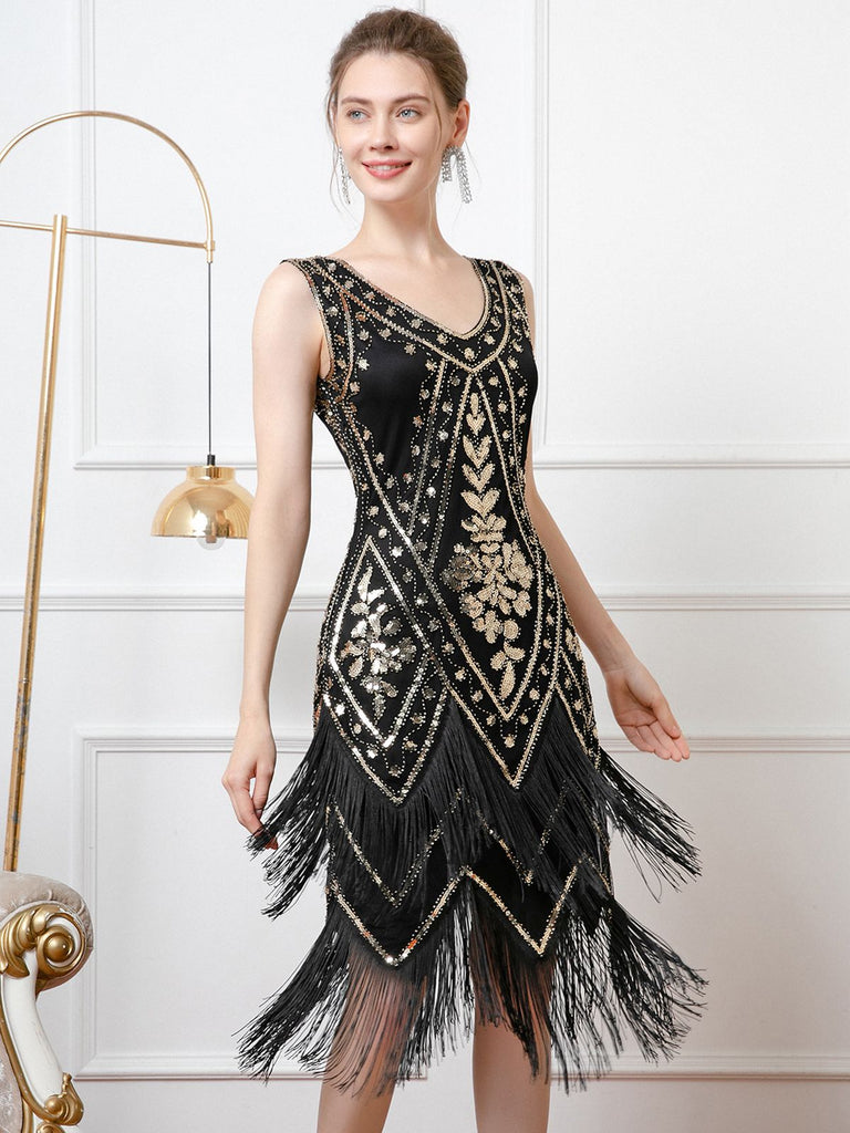 1920s V-Neck Sequined Tassel Flapper Sleeveless Dress | Retro Stage 1920s V-Neck Sequined Tassel Flapper Sleeveless Dress | Retro Stage