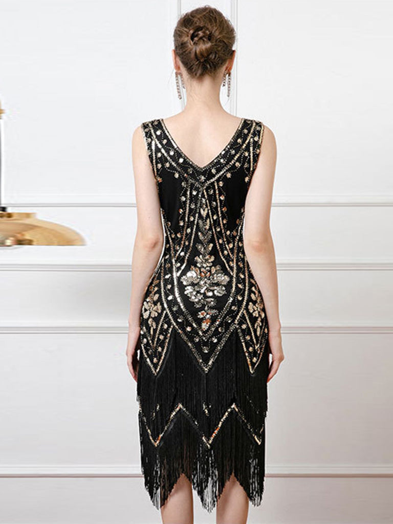 retro stage flapper dresses Apricot 1920s Sequin Fringe Flapper Dress