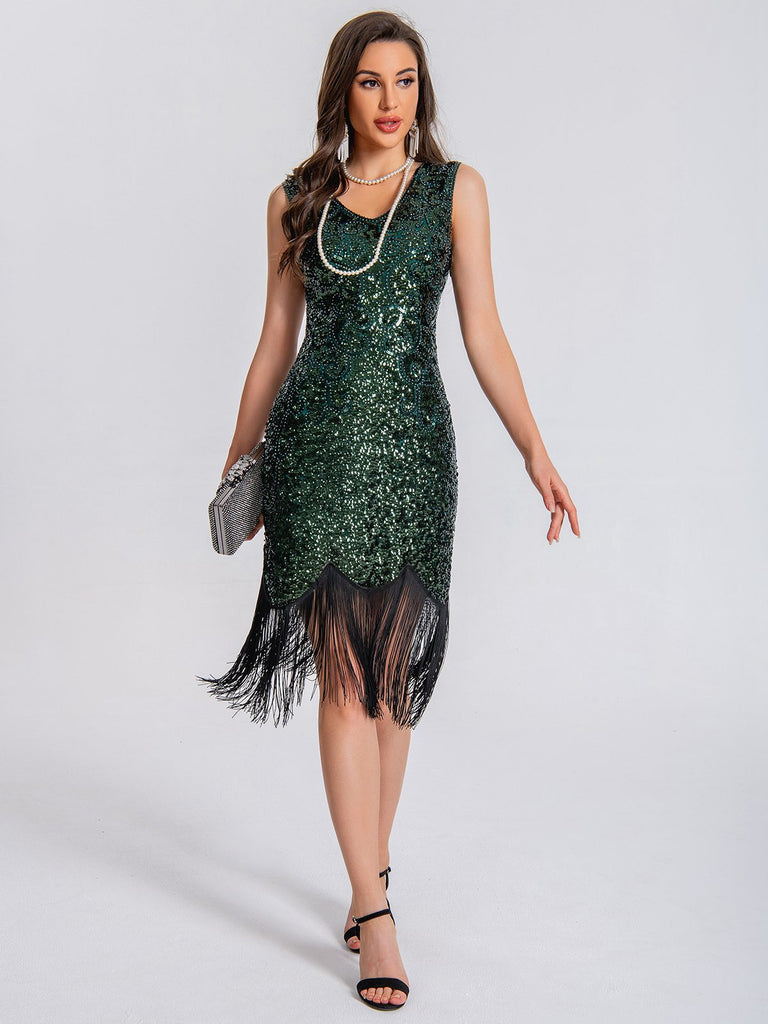 She slips into this 1920s V-Neck Symmetrical Pattern Tassel Sequined Dress and suddenly it's a 1920s daydream