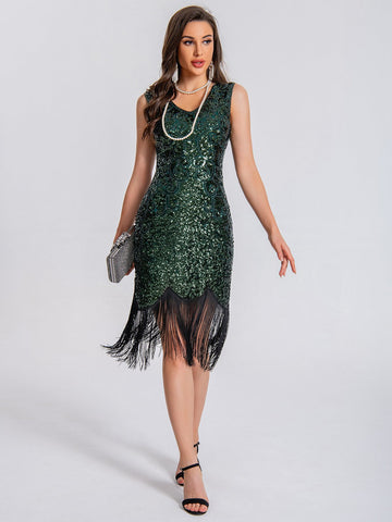 gatsby dress green Emerald Green Retro Gatsby Dress Queendancer Women 1920s Dress Dark Green  Scoop Neck Flapper Dress