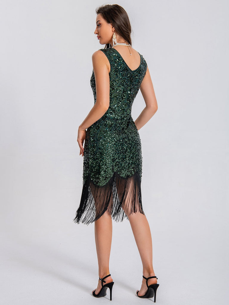 1920s V-Neck Symmetrical Pattern Tassel Sequined Dress — the kind of 1920s dress that makes strangers smile