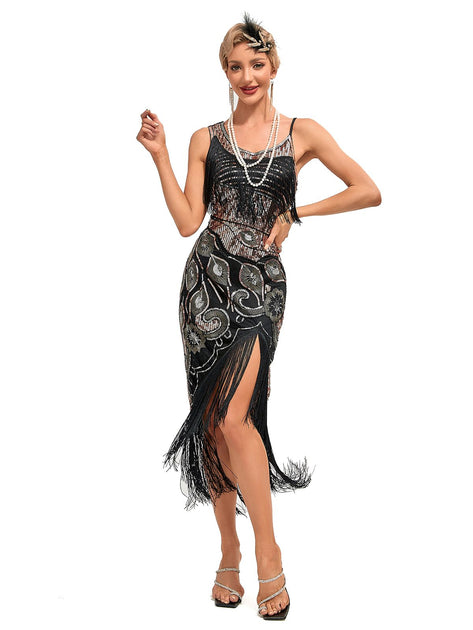 midi 1920s dress Roaring 20s 1920s Midi Dress Flapper Dress Sleeveless The Great Gatsby Wedding Guest Sequins Tassel Fringe Scoop Neck Fancy Dress Women s Masquerade