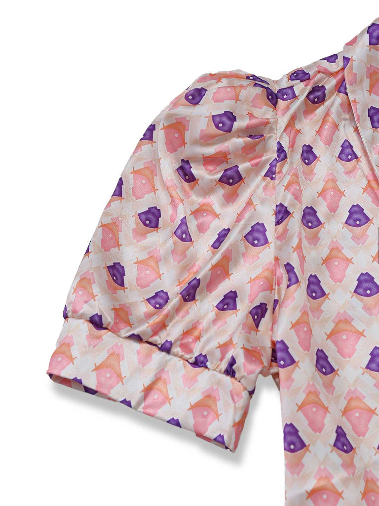 2PCS Pink 1930s Printed Puff Sleeve Belted Blazer & Pants - vintage fashion, retro style