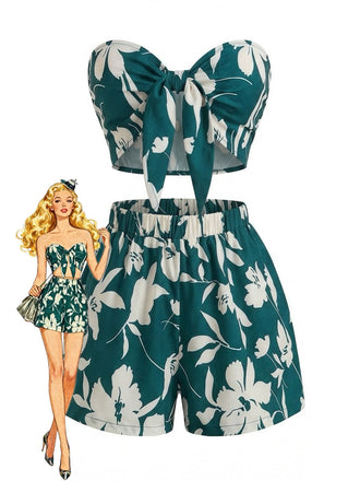 2PCS 1930s Tropical Floral Print Strapless & Shorts Set - vintage fashion, retro style