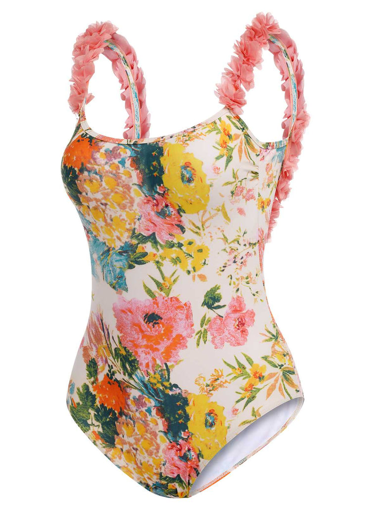 This 1930s 3D Floral Strap Backless One-Piece Swimsuit carries 1930s vacation dreams in every stitch