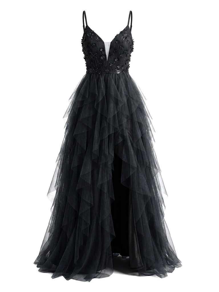 1930s Appliques Tulle Glitter Slit Tiered Prom Dress - vintage dress, retro fashion, elegant red
