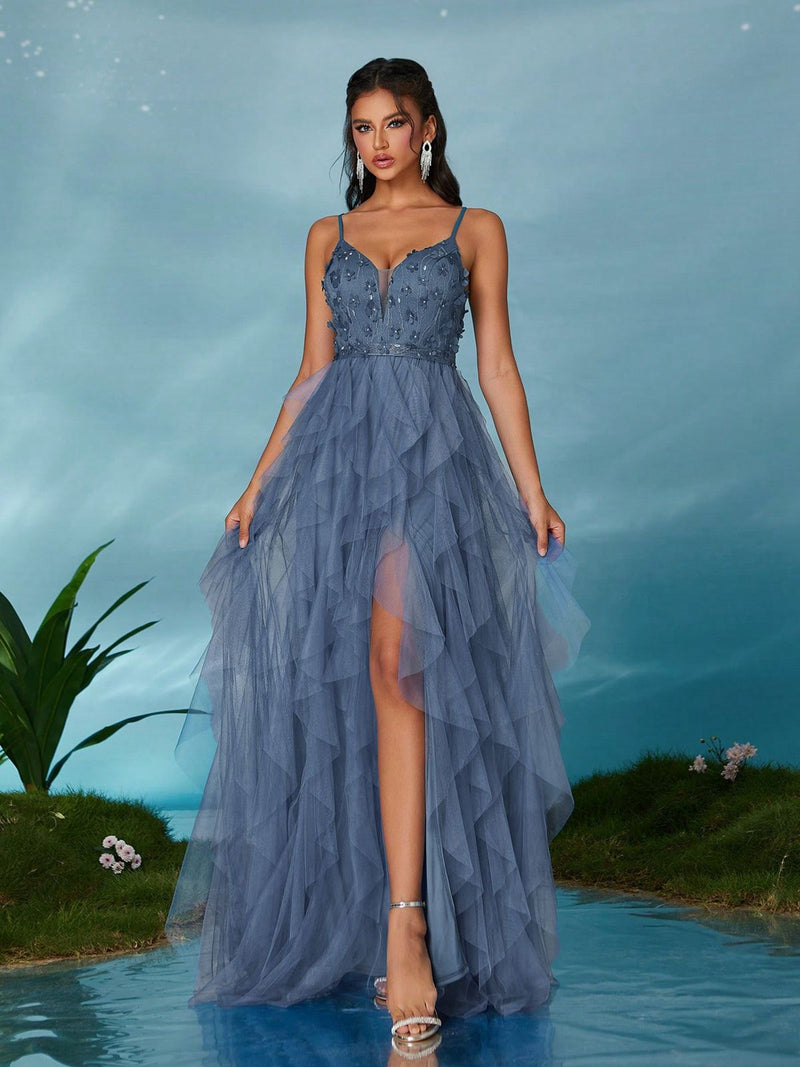 1930s Appliques Tulle Glitter Slit Tiered Prom Dress