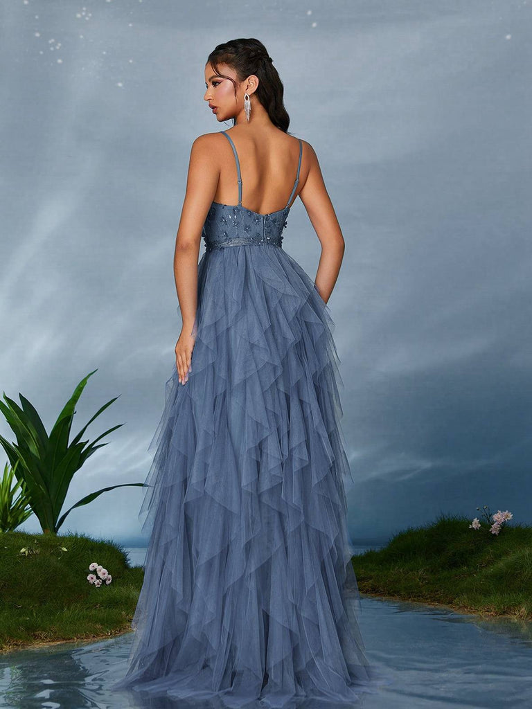 1930s Appliques Tulle Glitter Slit Tiered Prom Dress - vintage dress, retro fashion, elegant red
