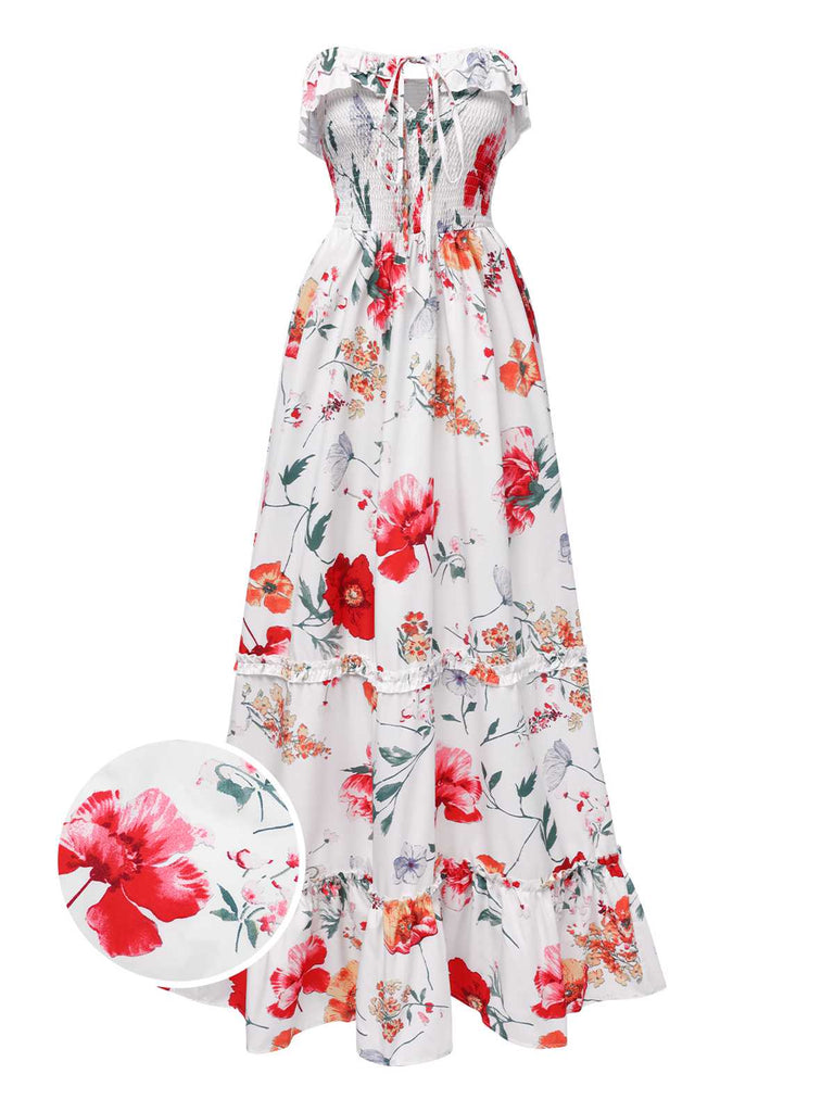 She slips into this 1930s Bandeau Floral Tiered Ruffle Hem Dress and suddenly it's a 1930s daydream