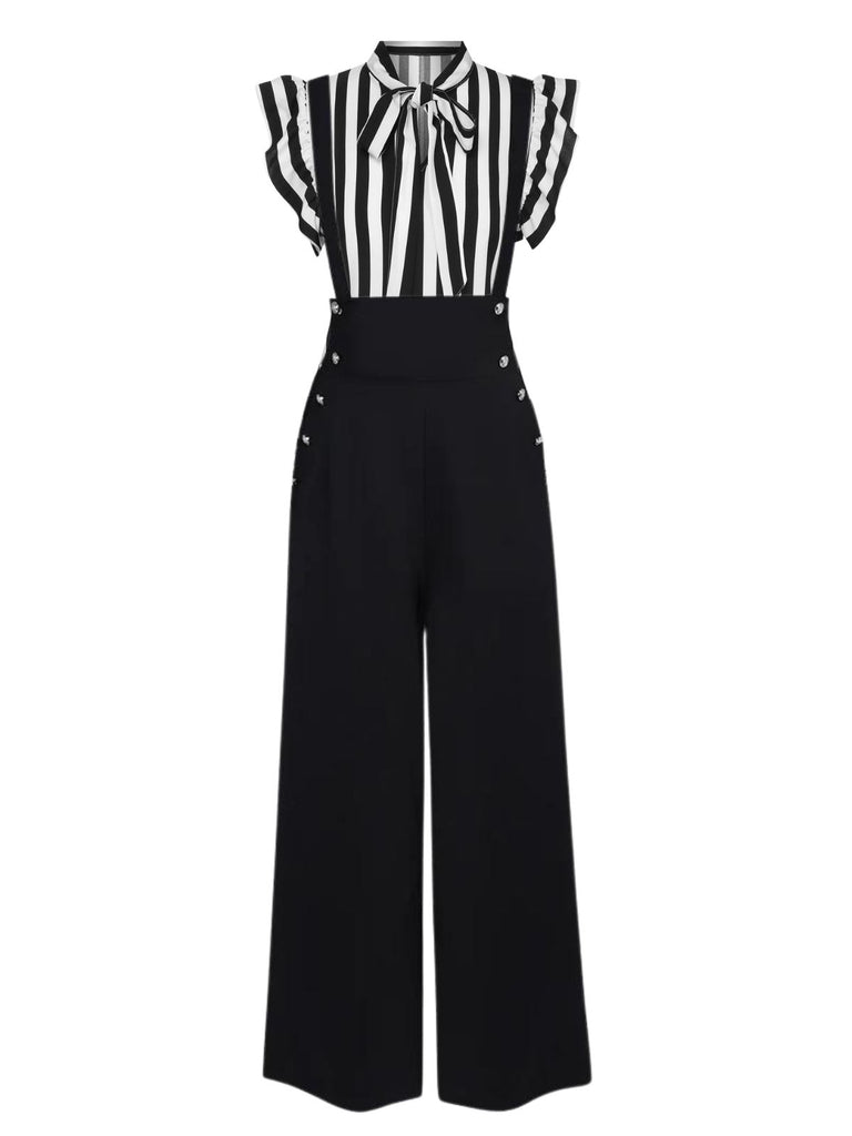 2PCS Black 1930s Stripes Tie Collar Blouse & Suspender Pants - vintage fashion, retro style, classic black