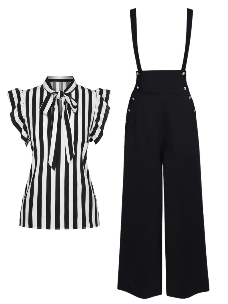 2PCS Black 1930s Stripes Tie Collar Blouse & Suspender Pants - vintage fashion, retro style, classic black