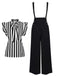 2PCS Black 1930s Stripes Tie Collar Blouse & Suspender Pants - vintage fashion, retro style, classic black