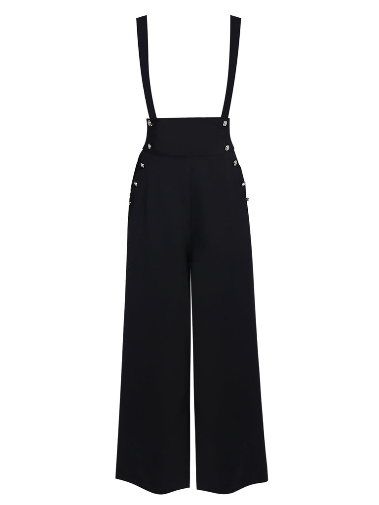 2PCS Black 1930s Stripes Tie Collar Blouse & Suspender Pants - vintage fashion, retro style, classic black