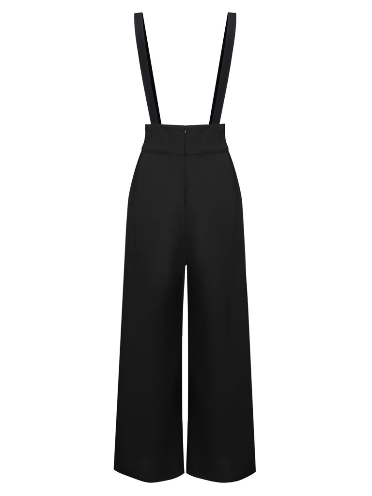 2PCS Black 1930s Stripes Tie Collar Blouse & Suspender Pants - vintage fashion, retro style, classic black