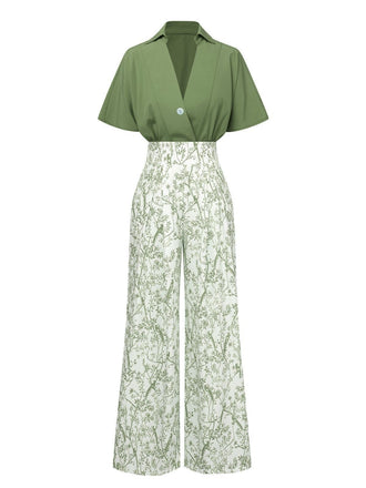 2PCS 1930s Dolman Sleeve Lapel Blouse & Floral Pants - vintage fashion, retro style