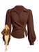 Coffee 1930s Lapel V-Neck Fitted Waist Lantern Sleeve Blouse - vintage fashion, retro style