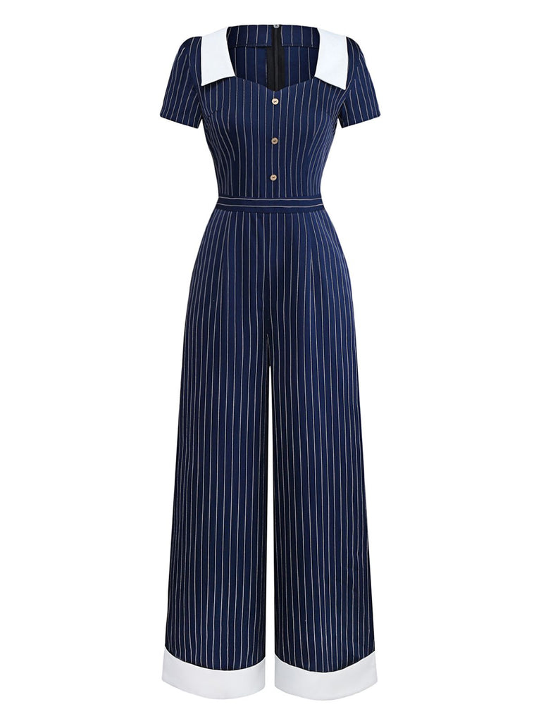 1930s Blue Striped Lapel Jumpsuit - vintage jumpsuit, retro fashion