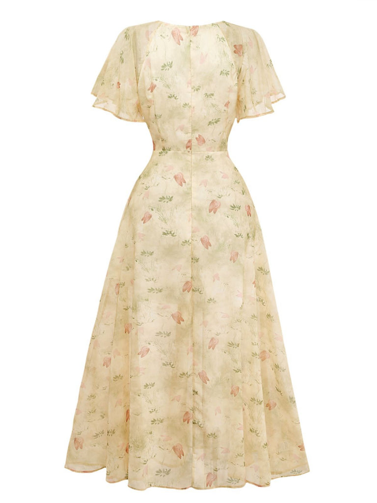 Yellow 1930s Butterfly Flutter Sleeve Chiffon Dress