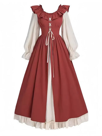1930s Colorblock Ruffled Lace-Up Renaissance Dress - vintage dress, retro fashion