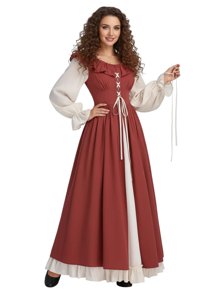 1930s Colorblock Ruffled Lace-Up Renaissance Dress - vintage dress, retro fashion